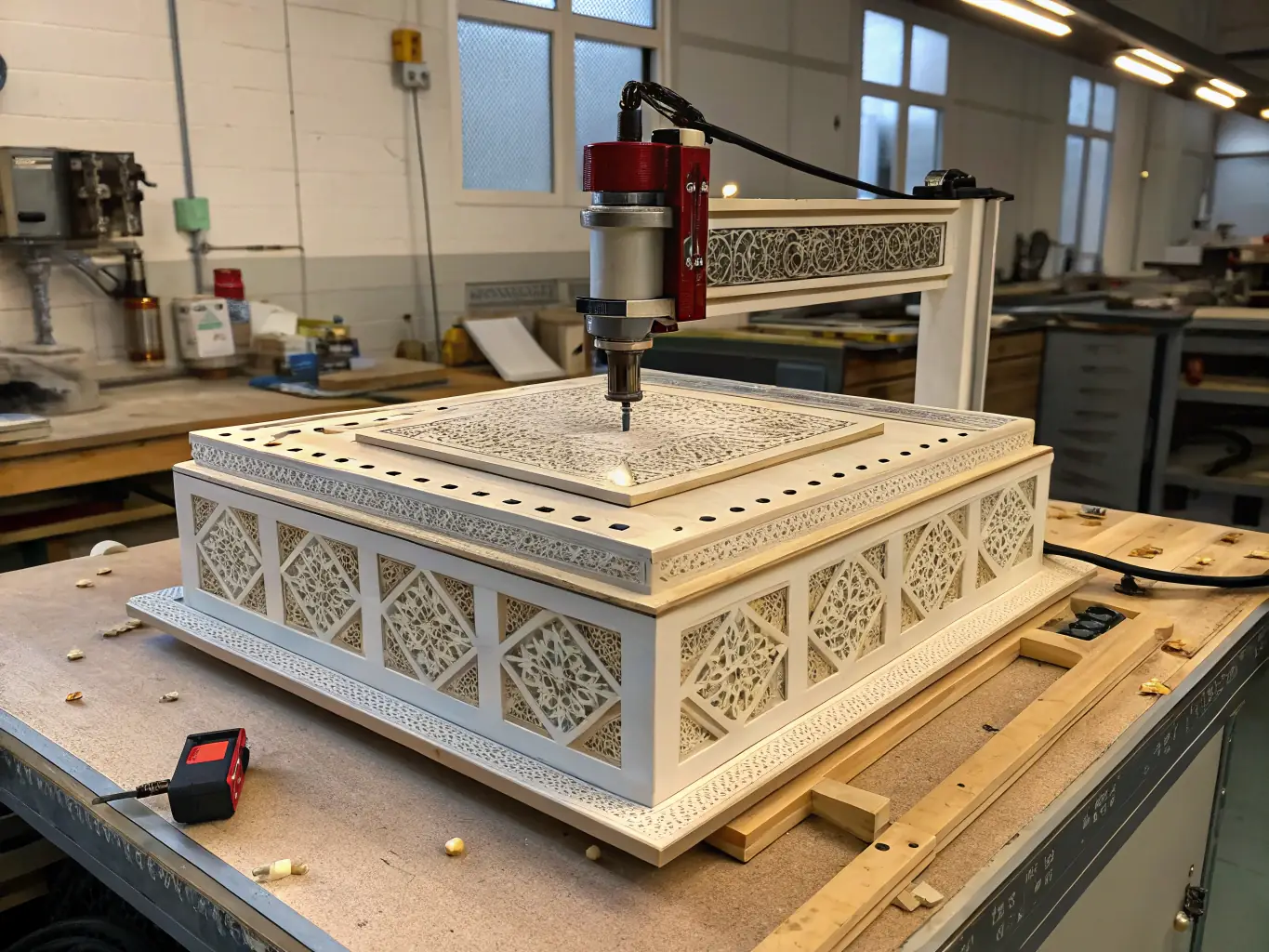 A high-resolution image showcasing a complex 3D printed prototype of a mechanical component, highlighting intricate details and smooth surface finish, set in a modern workshop environment.