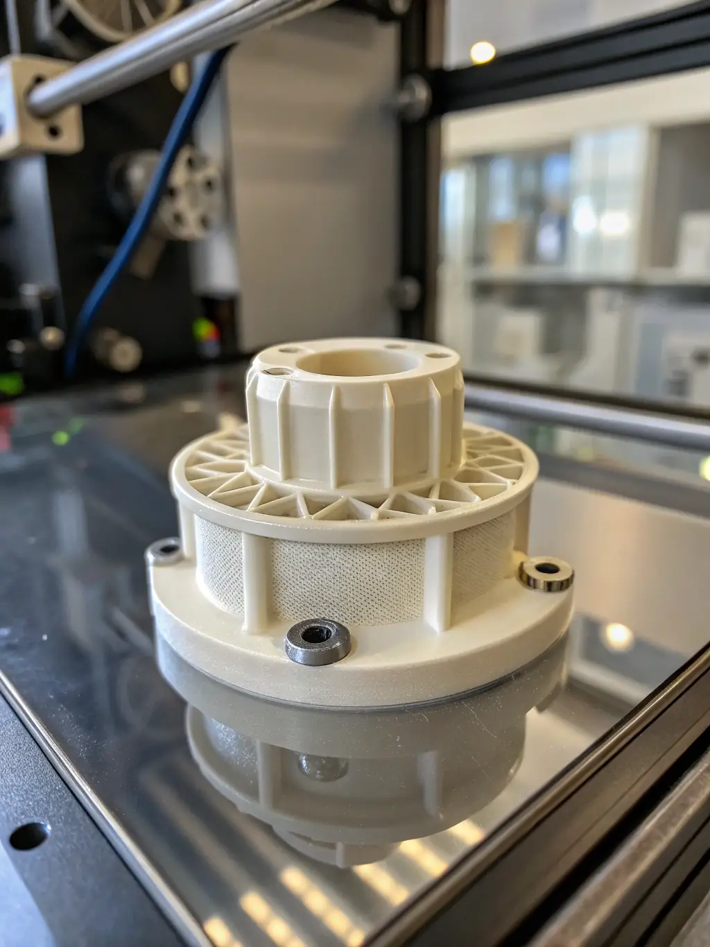 A high-resolution 3D print of a complex product design in nylon material, highlighting the precision and accuracy achieved during the product development phase for a consumer product company.