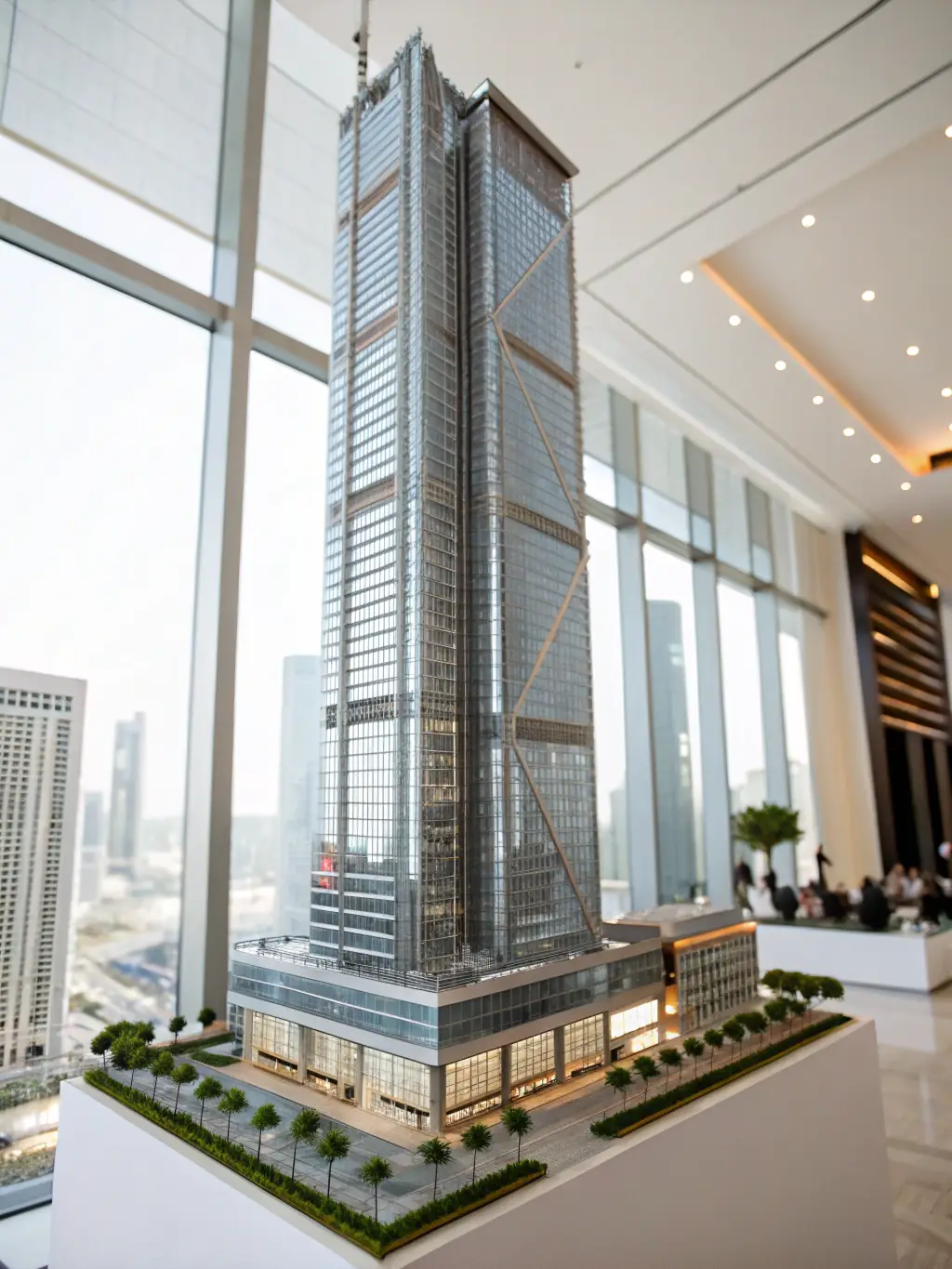 A detailed 3D printed architectural model of a modern building, showcasing the intricate details and design elements, used for client presentations and marketing purposes by an architecture firm.