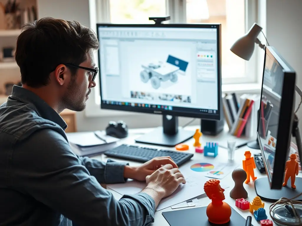 A designer reviewing a 3D printed model alongside CAD files, illustrating the product development process at Gold Coast 3D Printing.