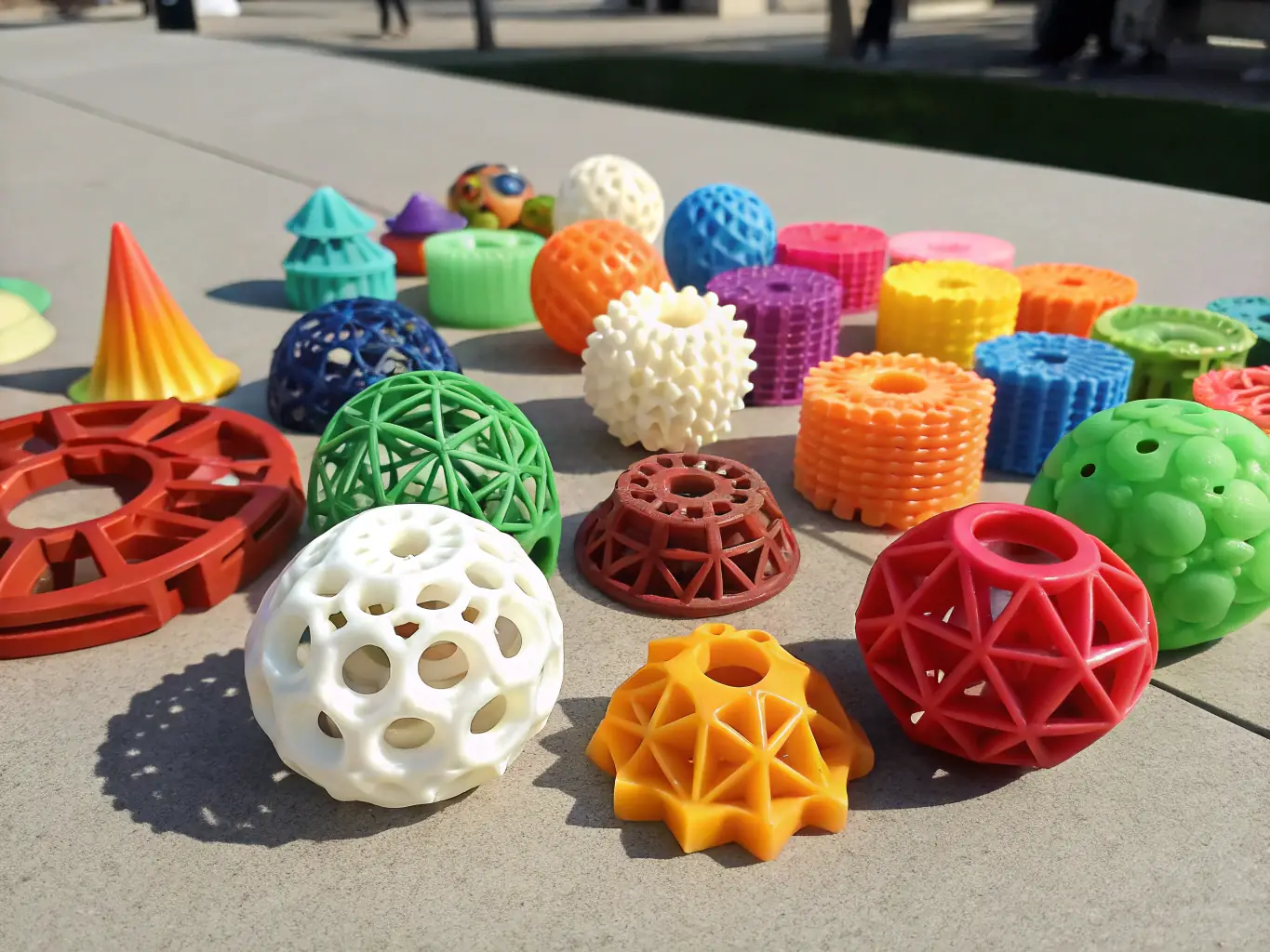 An image displaying a selection of 3D printed product development samples, featuring various shapes, sizes, and materials, arranged on a clean, well-lit surface.